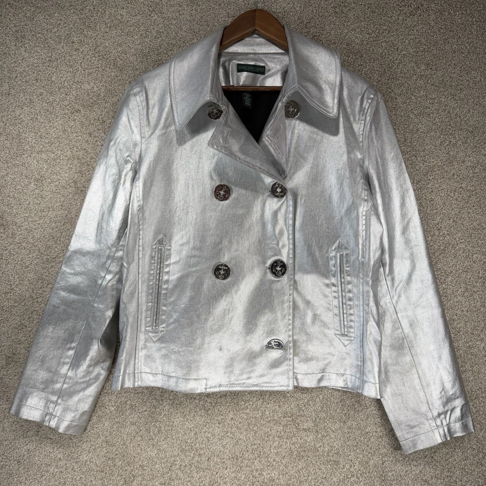 Ralph Lauren Jeans Co Womens Soirée Silver Y2k‎ Metallic Jacket VTG XL *FLAWS - Picture 1 of 12